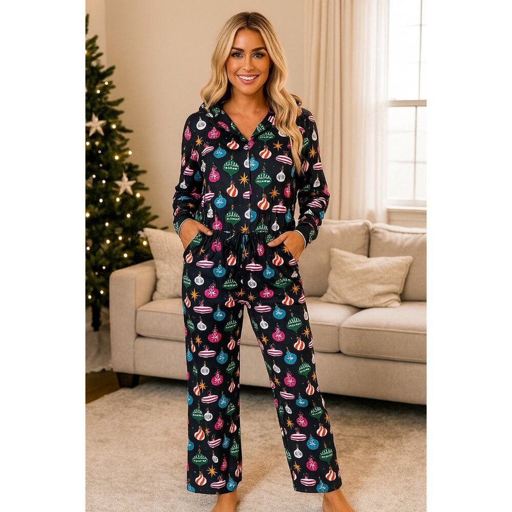 Pajama Set Holiday Ornament Button-Up Button Long-Sleeve Top Elastic Waist Pants